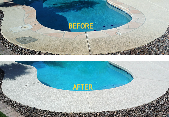 before restoration and after restoration of pool deck images